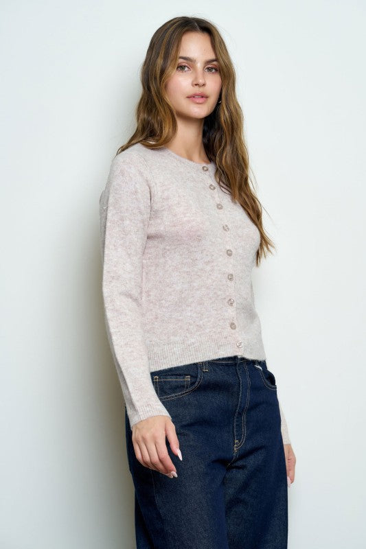 Classic Crew Neck Button Cardigan Khaki