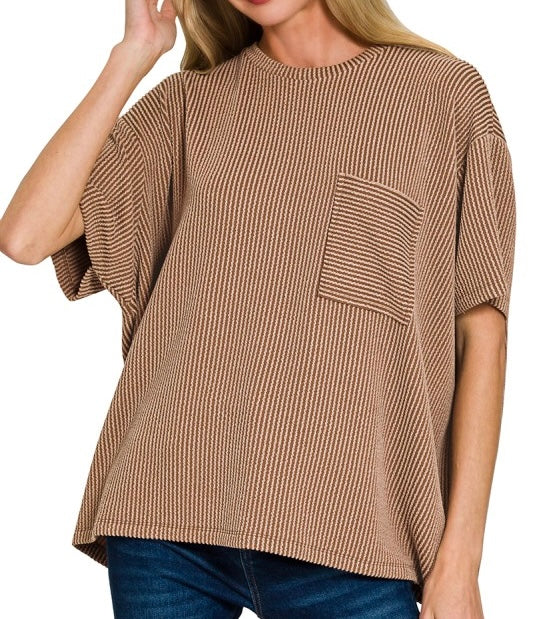 Corded Ribbed Knit Pocket Top Brown