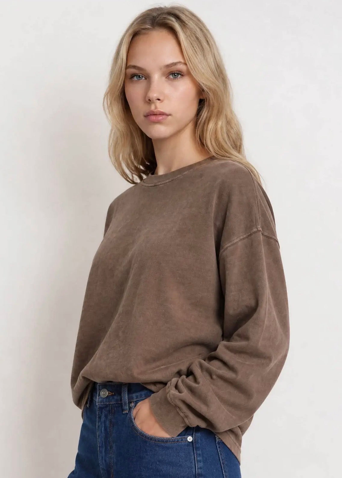Washed Crew Long Sleeve Tee Mocha
