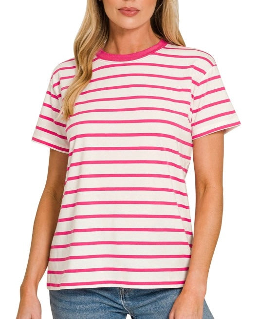 Stripe Classic Cotton Tee Hot Pink