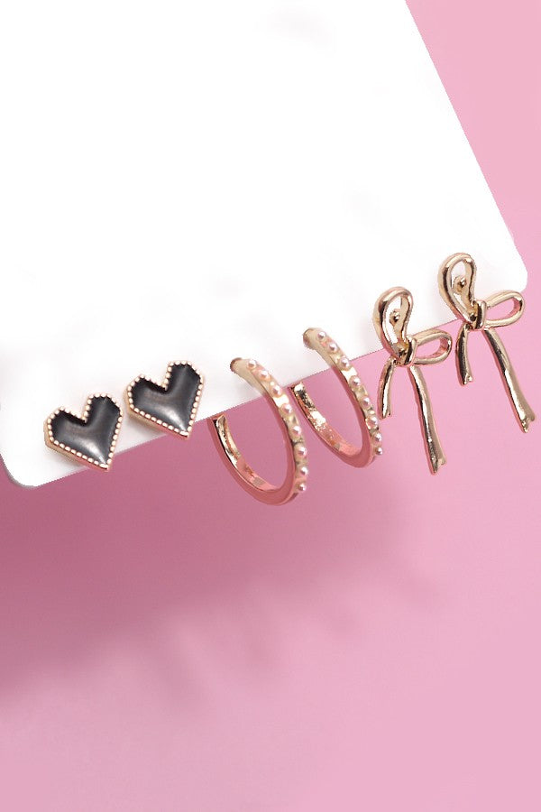 Bow Hoop Heart Trio Gold Earring Set