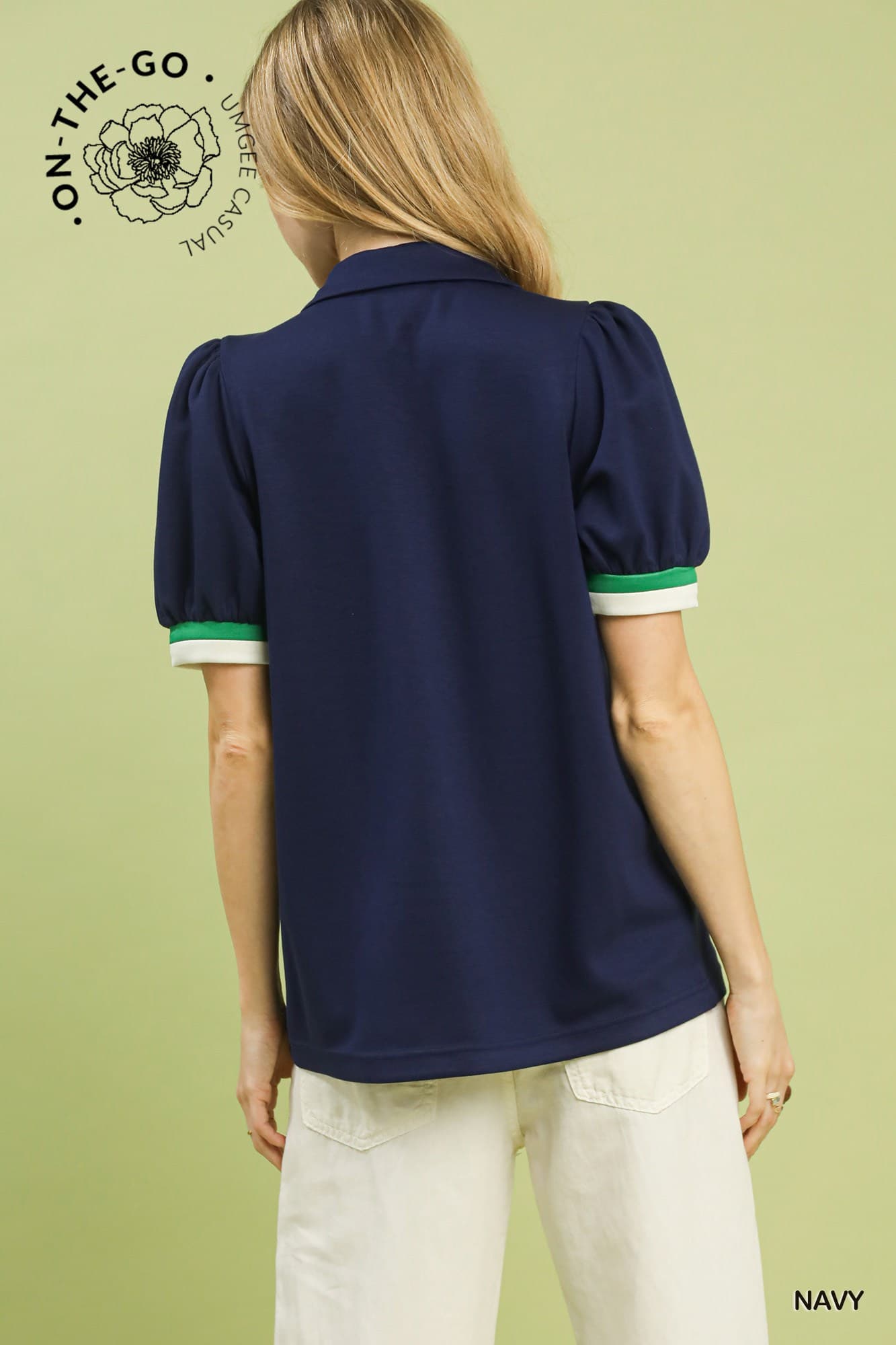 UMGEE Puff Sleeve Zip Front Top Navy