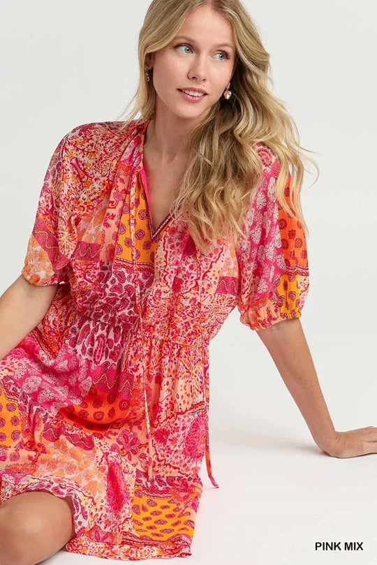 UMGEE Metallic Boho Multi Print Dress Pink Mix