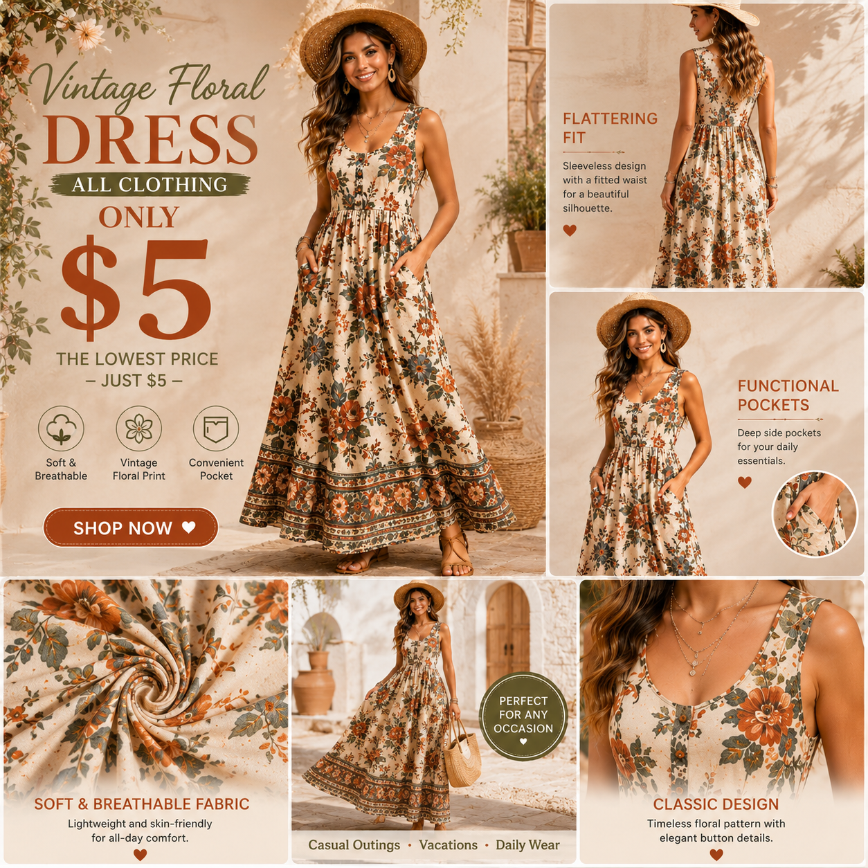 Women's Ethnic Bohemian Art Print V-Neck Long Sleeve Cotton Pocket Dress