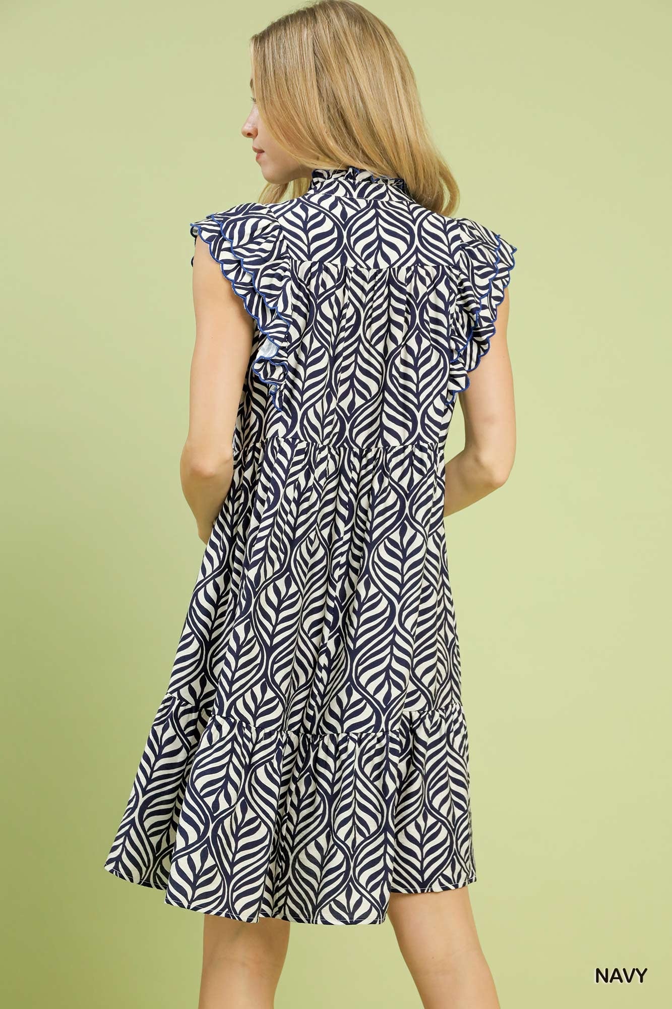 UMGEE Leaf Print Ruffle Shift Dress Navy