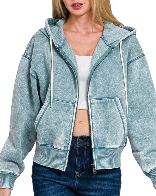 Acid Wash Zip Up Hooded Sweatshirt Blue Grey