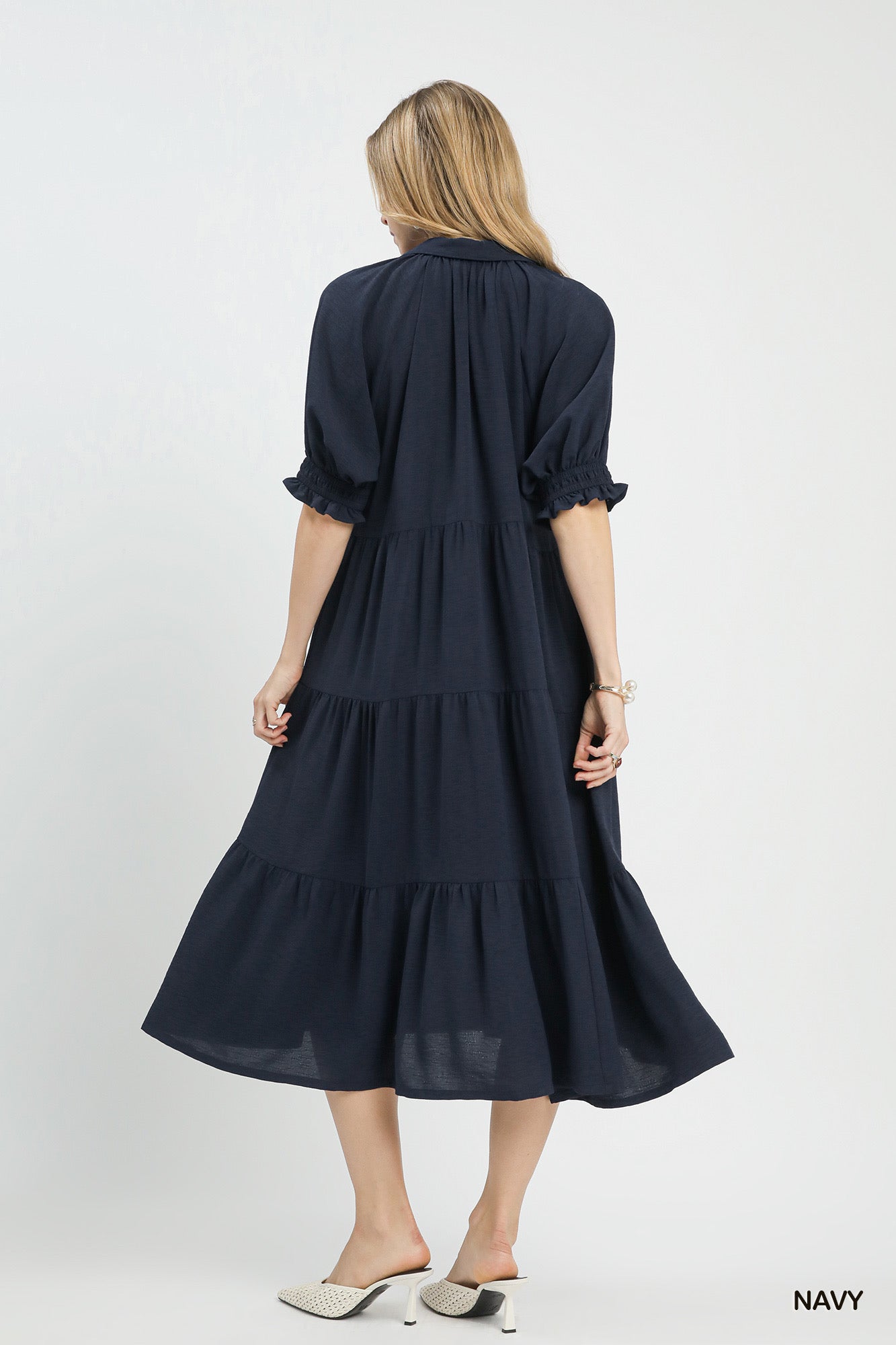 UMGEE Solid Tiered Midi Dress Navy