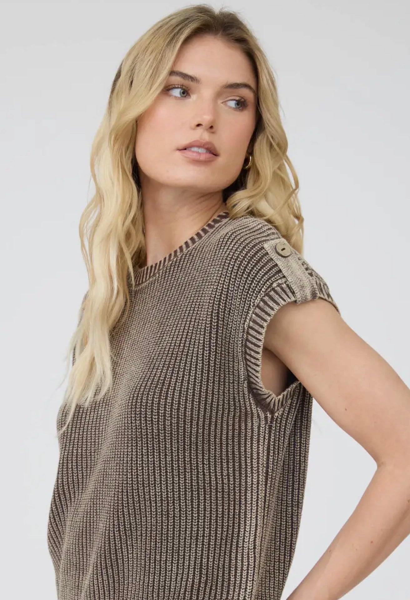 Mineral Washed Button Sweater Top Mocha