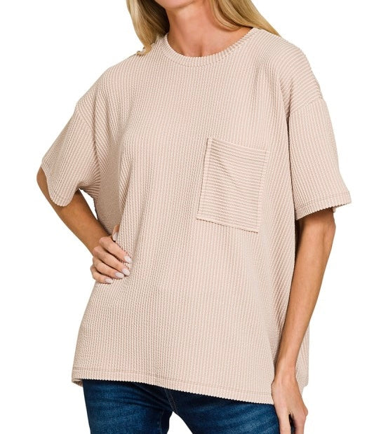 Corded Ribbed Knit Pocket Top Ash Mocha