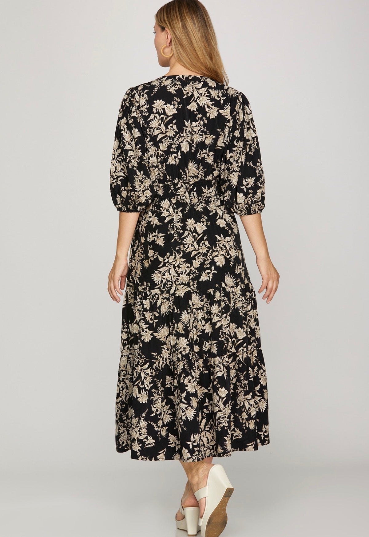 Black & Taupe Floral Midi Dress