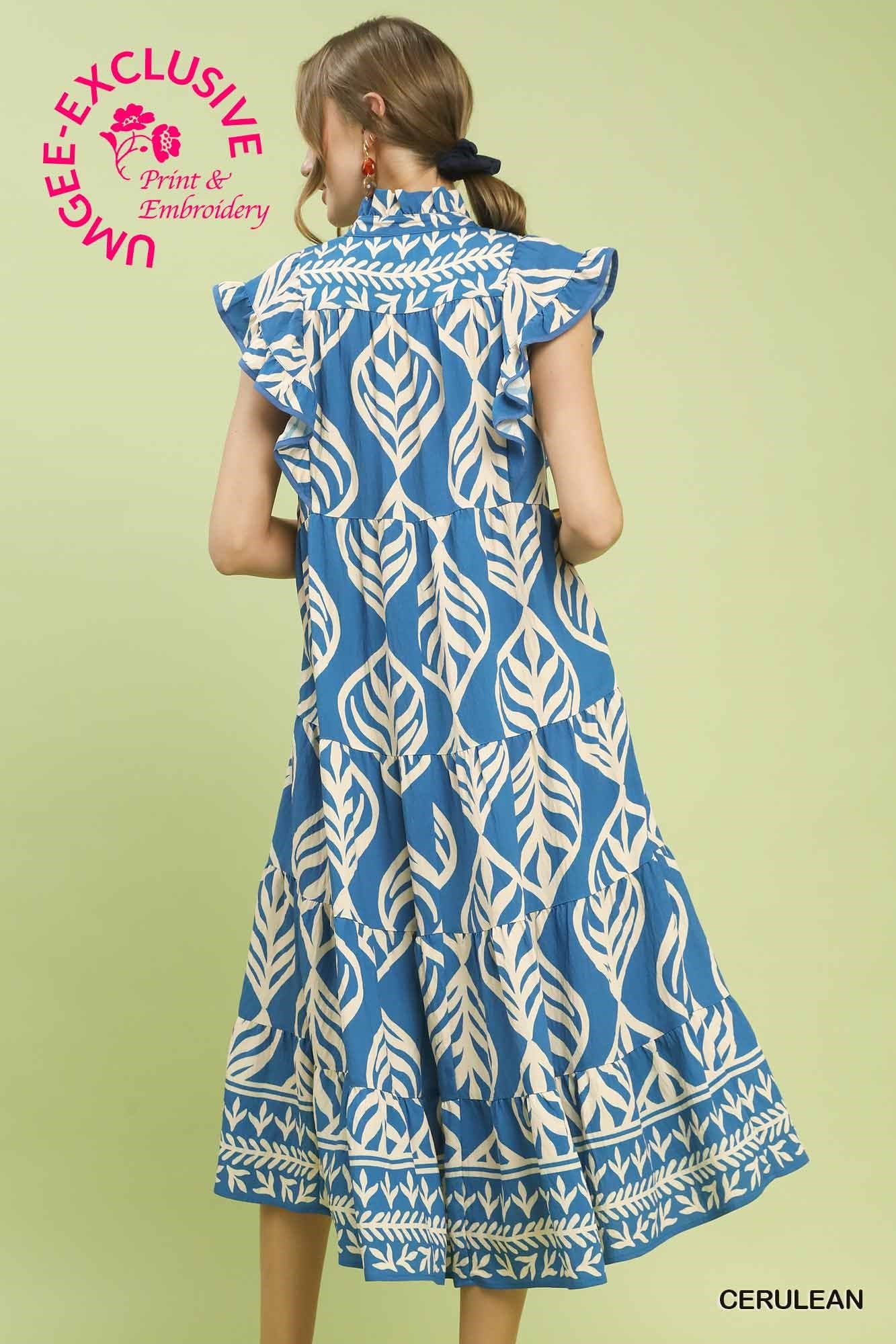 UMGEE Leaf Print Maxi Dress Blue Mix