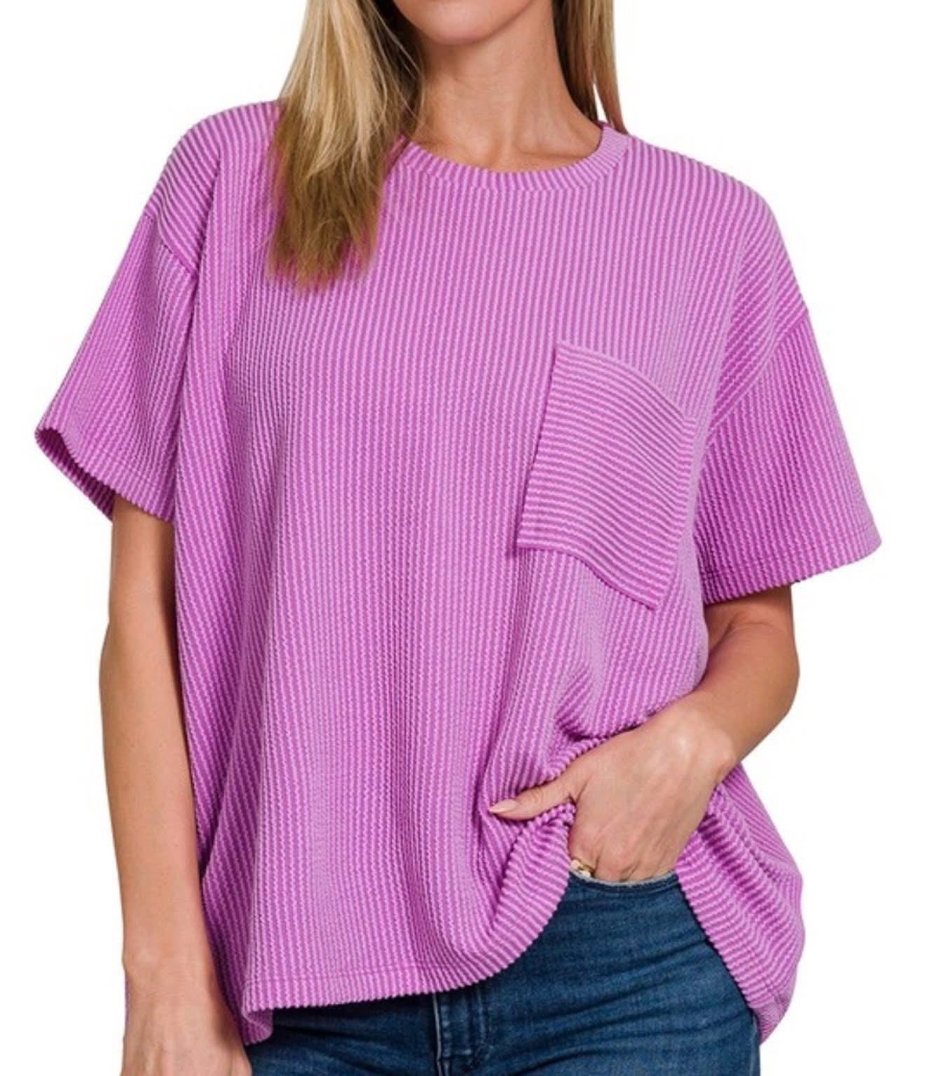 Corded Ribbed Knit Pocket Top Violet
