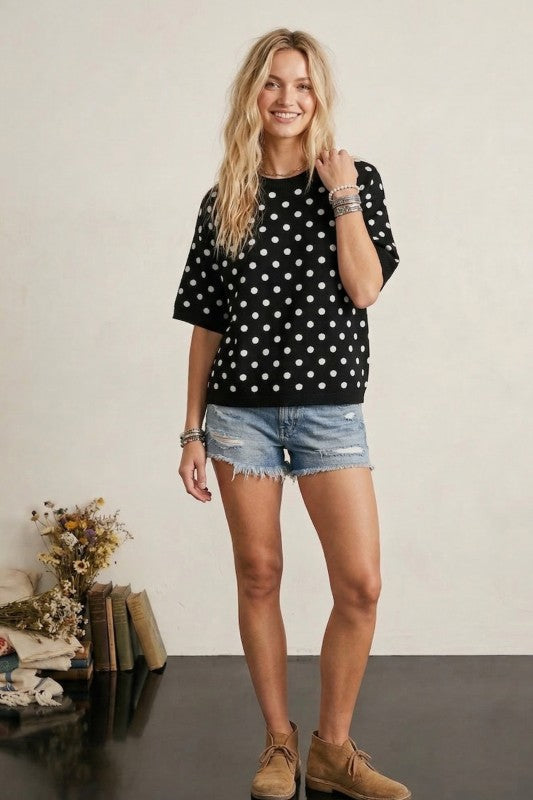 Polka Dot Short Sleeve Sweater Top Black