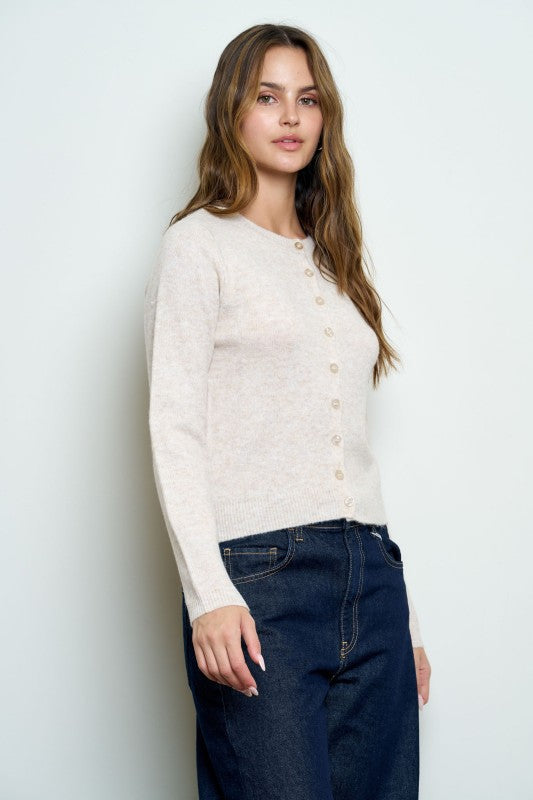 Classic Crew Neck Button Cardigan Cream