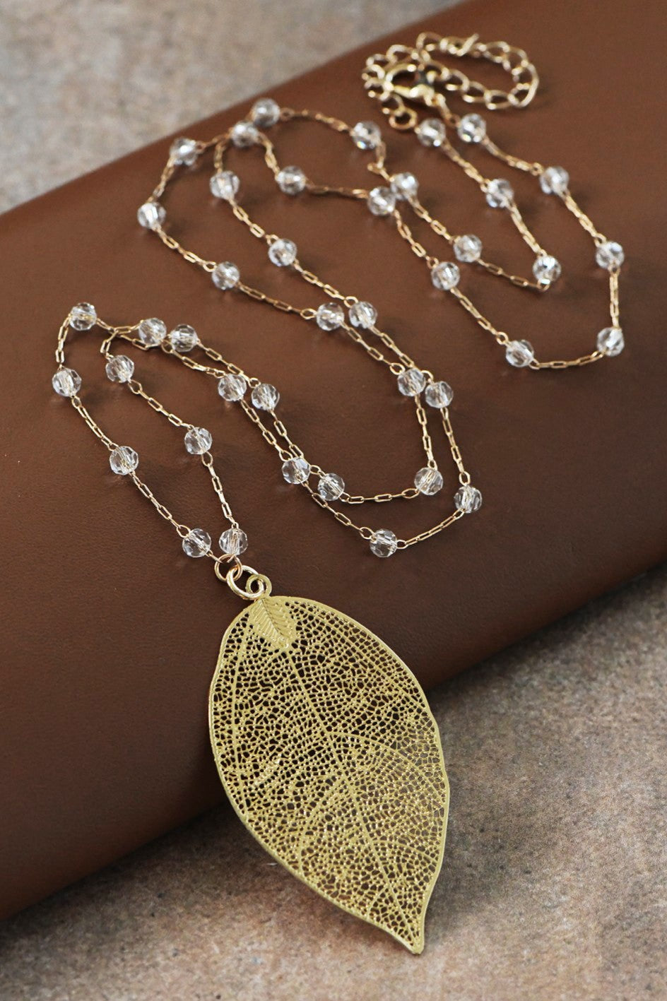 Glass Crystal Beaded Leaf Pendant Necklace