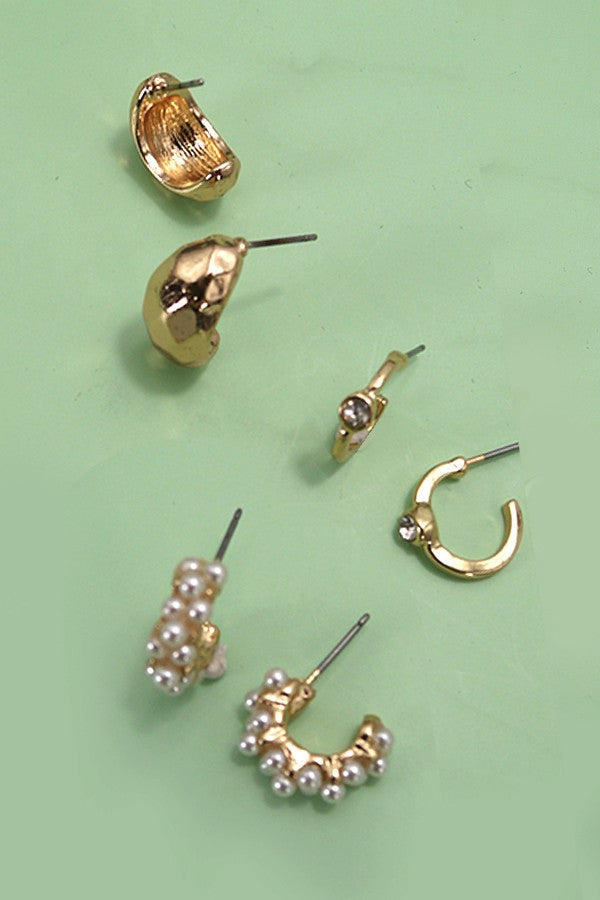Huggie Hoop Pearl Diamond Trio Earring Set