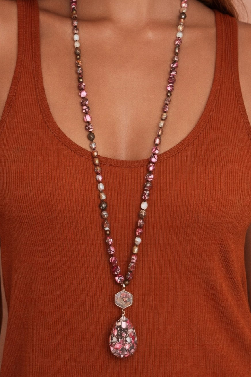 Natural Stone Bead Necklace with Fuchsia Sea Stone Pendant