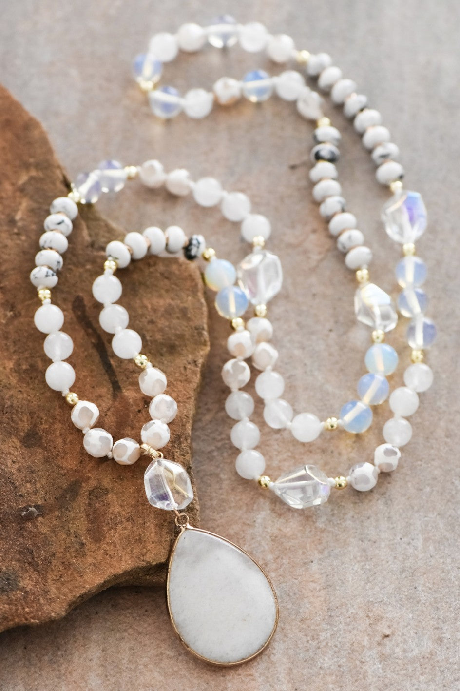 Natural Stone Bead Necklace with Snow Quartz Pendant