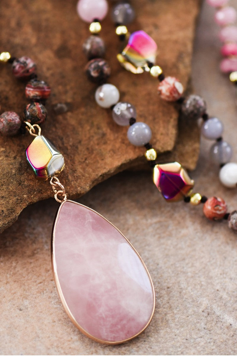 Natural Stone Bead Necklace with Rose Stone Pendant