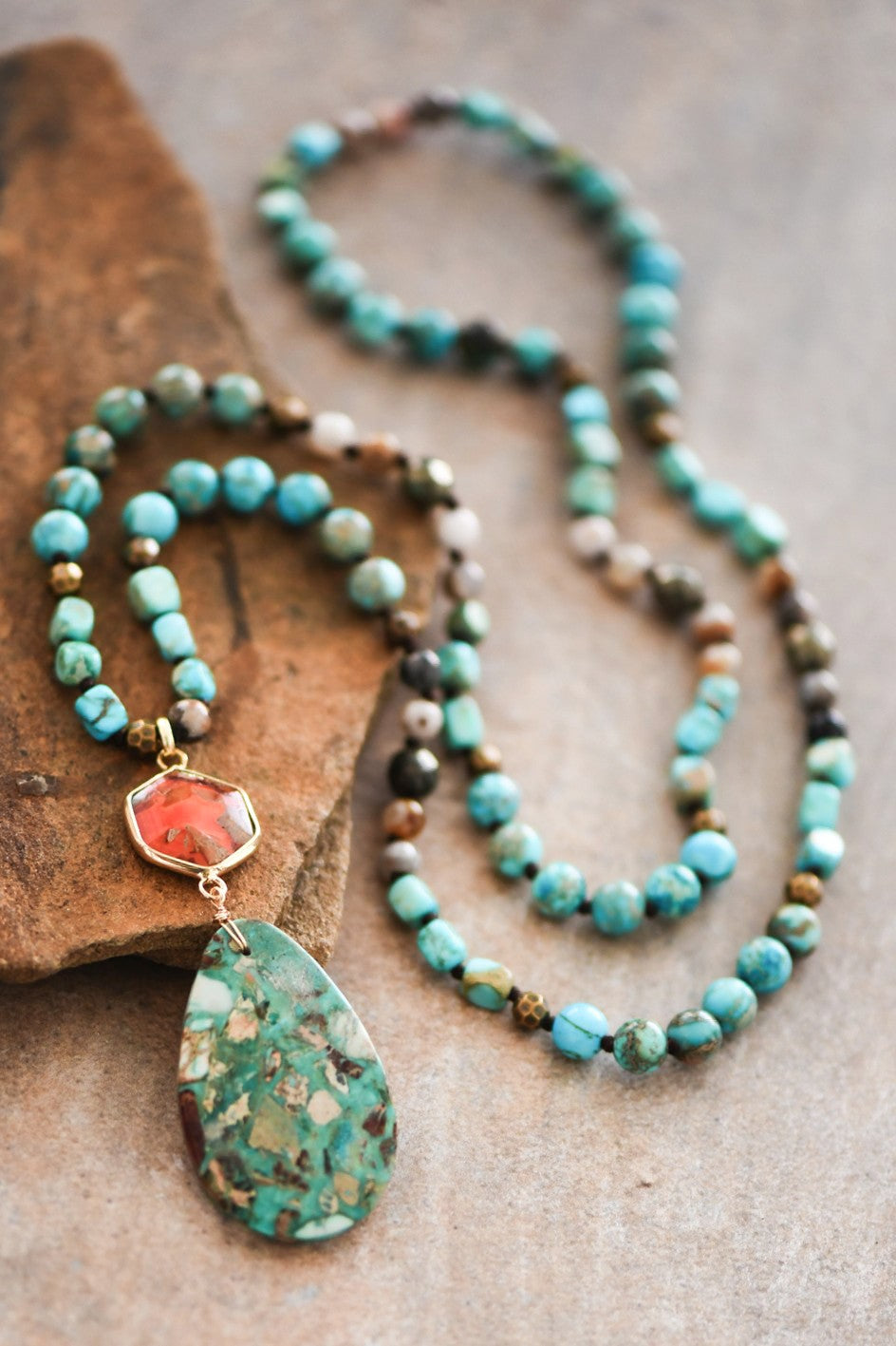Natural Stone Bead Necklace with Teal Sea Stone Pendant