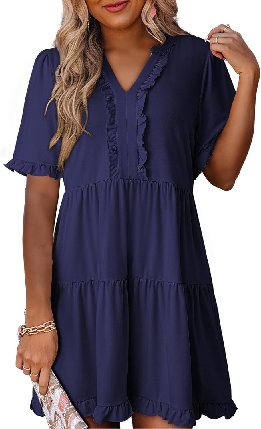 🔥🔥2026 Summer Hot Sale 50% OFF🌈Women's V Neck Ruffle Casual A-Line Flowy Swing Shift Dress