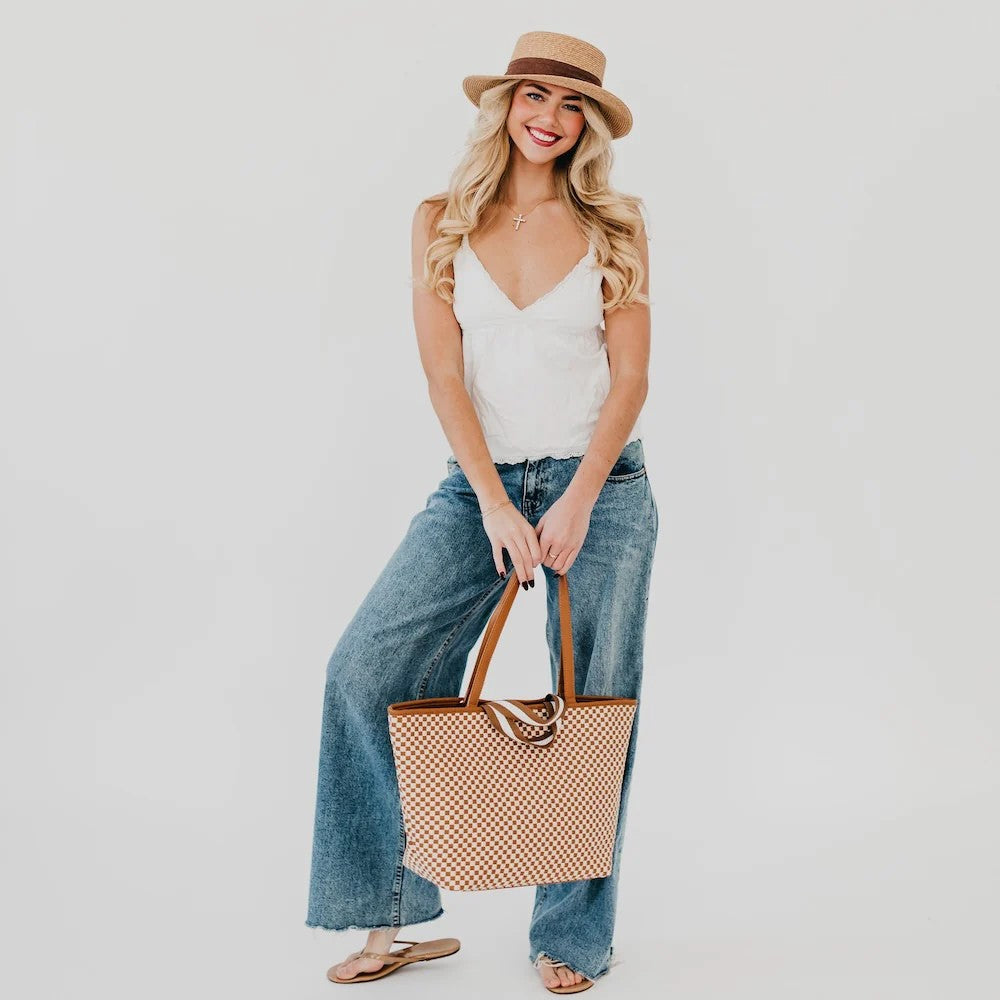 Tiffany Woven Organizer Tote Bag Checker Brown