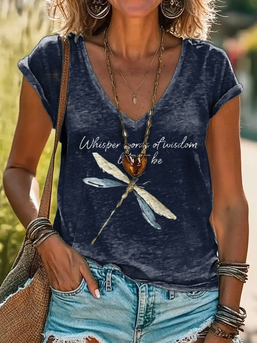 Hippie Dragonfly Art Print 100%Cotton V-neck T-Shirt