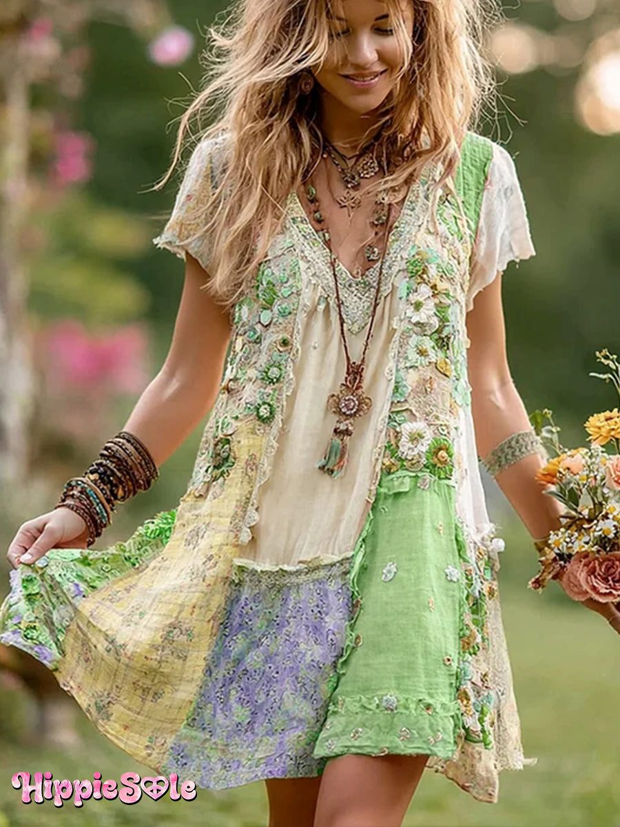 Women's Retro Floral Print Pocket Cotton Dress