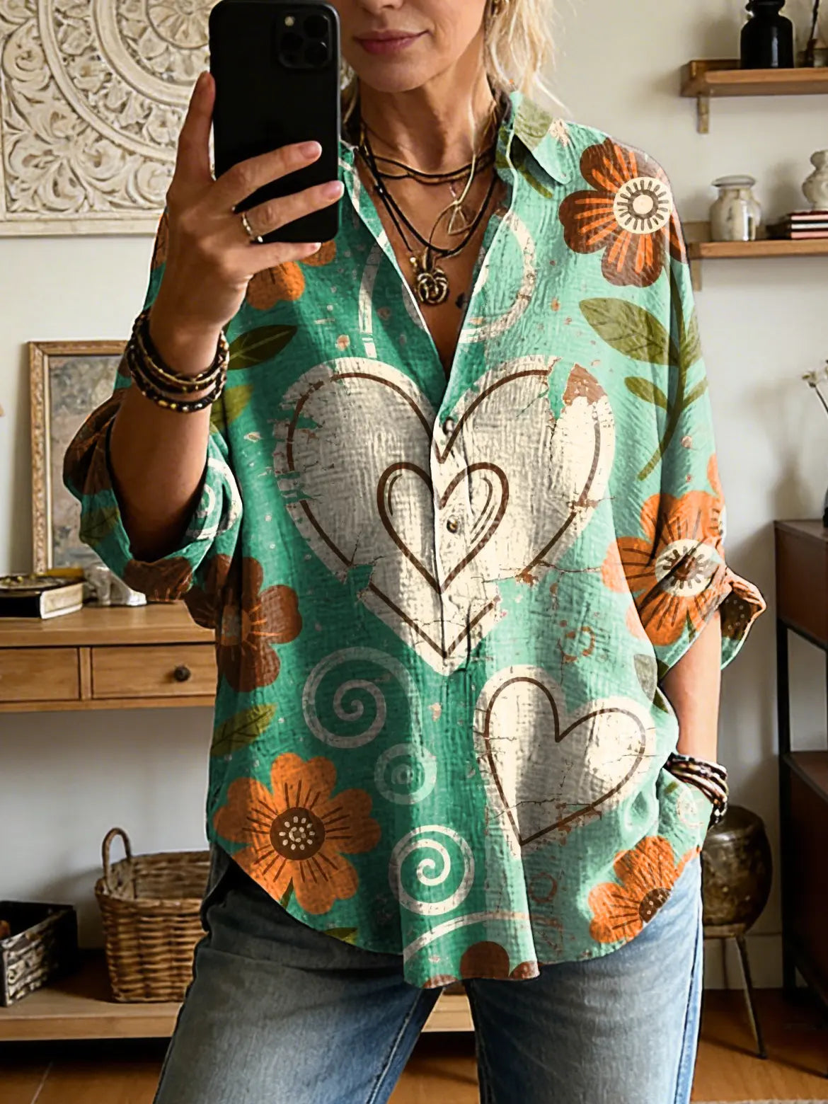 Women's Floral Heart Pattern Art Print Casual Long-sleeve Shirt