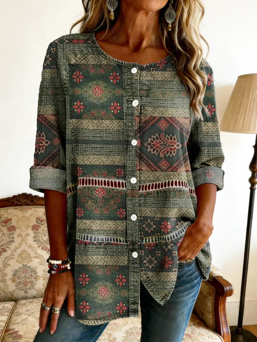 Women's Retro Ethnic Art Print Cotton Denim Hollow-Out Shirt