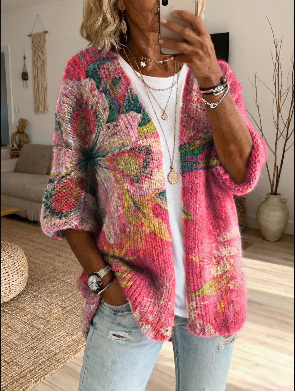 Women's Retro Floral Art Print Casual Long-sleeve Wool Blend Knit Cardigan Sweater
