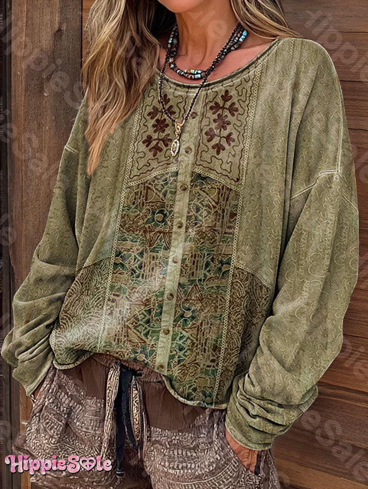 Women's Vintage Ethnic Pattern Art Print Casual Long-Sleeve T-Shirt