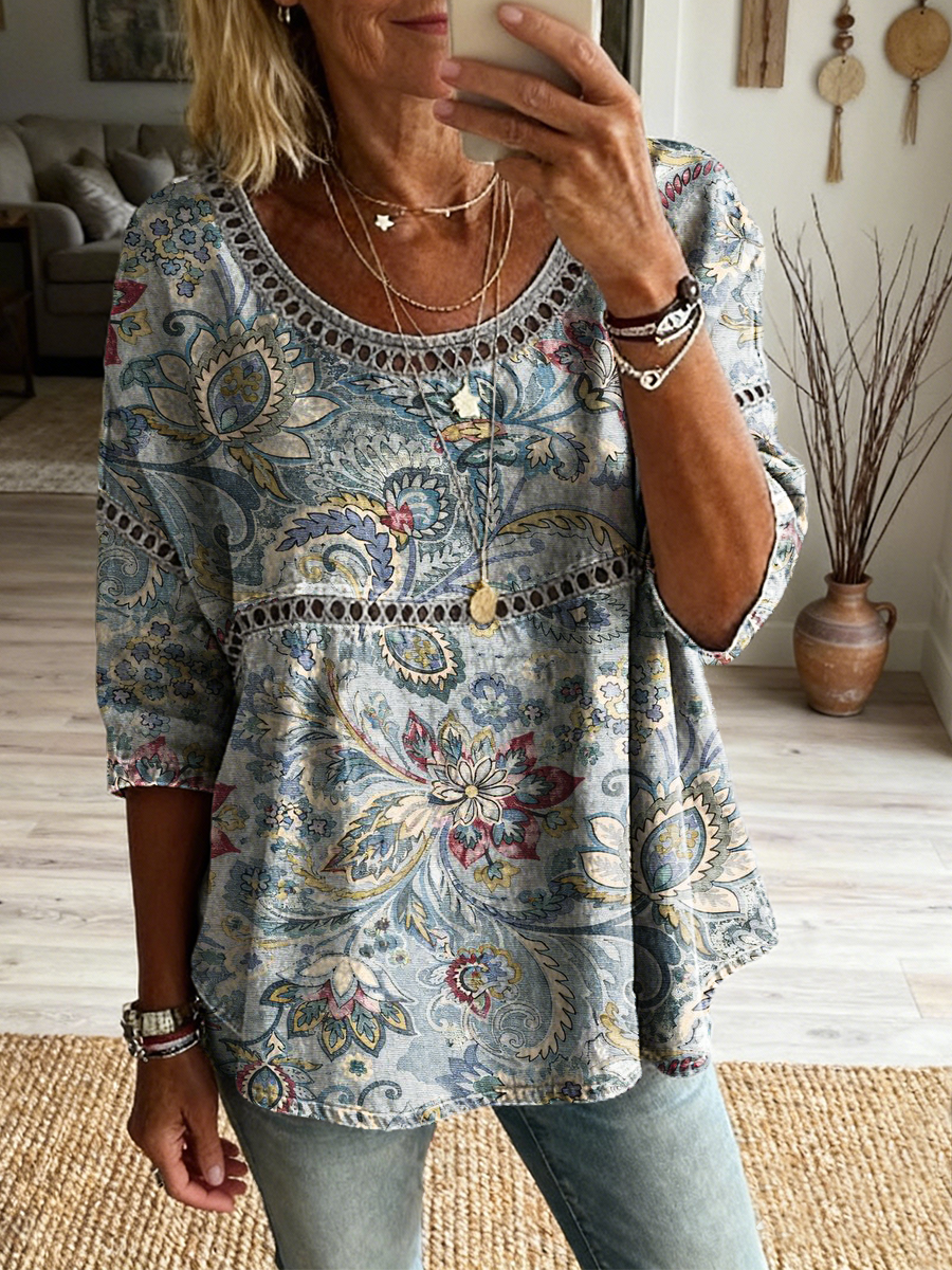 Women's Retro Bohemian Art Print Casual Round Neck Cotton Linen Shirt