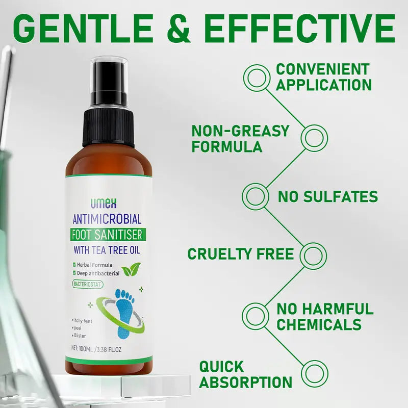 UMEX Tea Tree Foot Spray Kills Fungus & Odor Fast 97% Stink Elimination Repair Cracked Heels 100ml Quick-Dry Formula Clinically Tested Natural Antiseptic - Moisturizing Intensive Foot Care Foot Care Tool