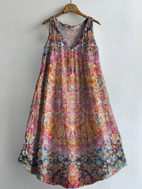 Women's Ethnic Totem Floral Art Print V-neck Pocket Cotton Dress