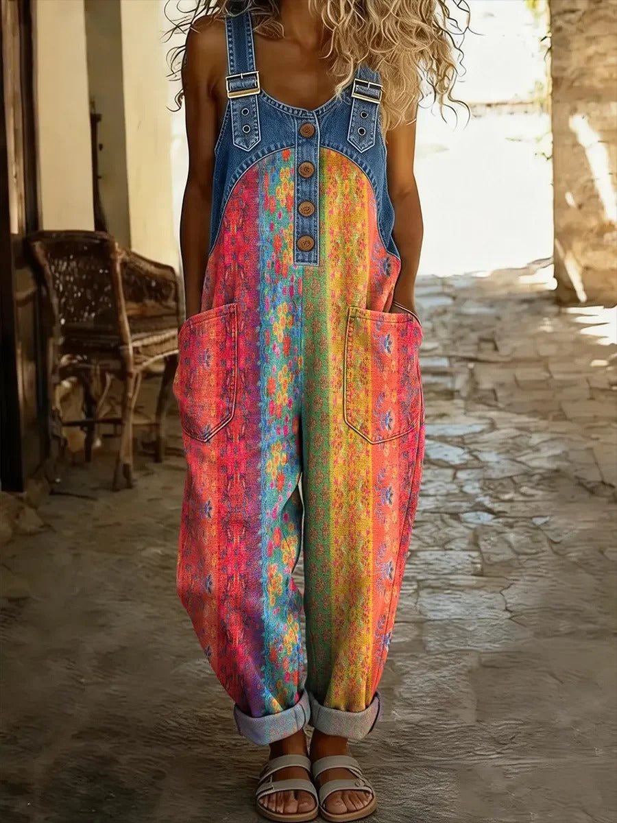 Women's Floral Art Print Patchwork Denim Overalls