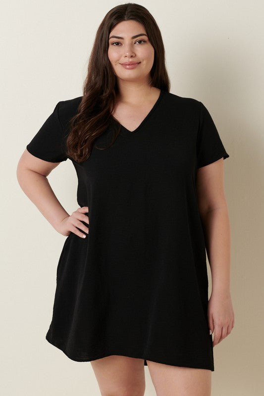 Black Woven V Neck Short Sleeve Shift Dress
