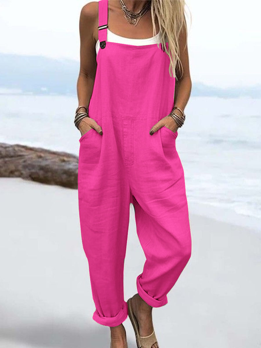 Wome's Vacation Retro Casual Cotton Linen Wide Leg Jumpsuit