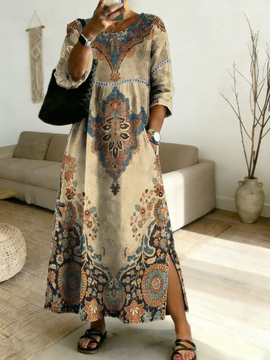 Women's Vintage Ethnic Floral Art Print Casual Round Neck Cutout Top