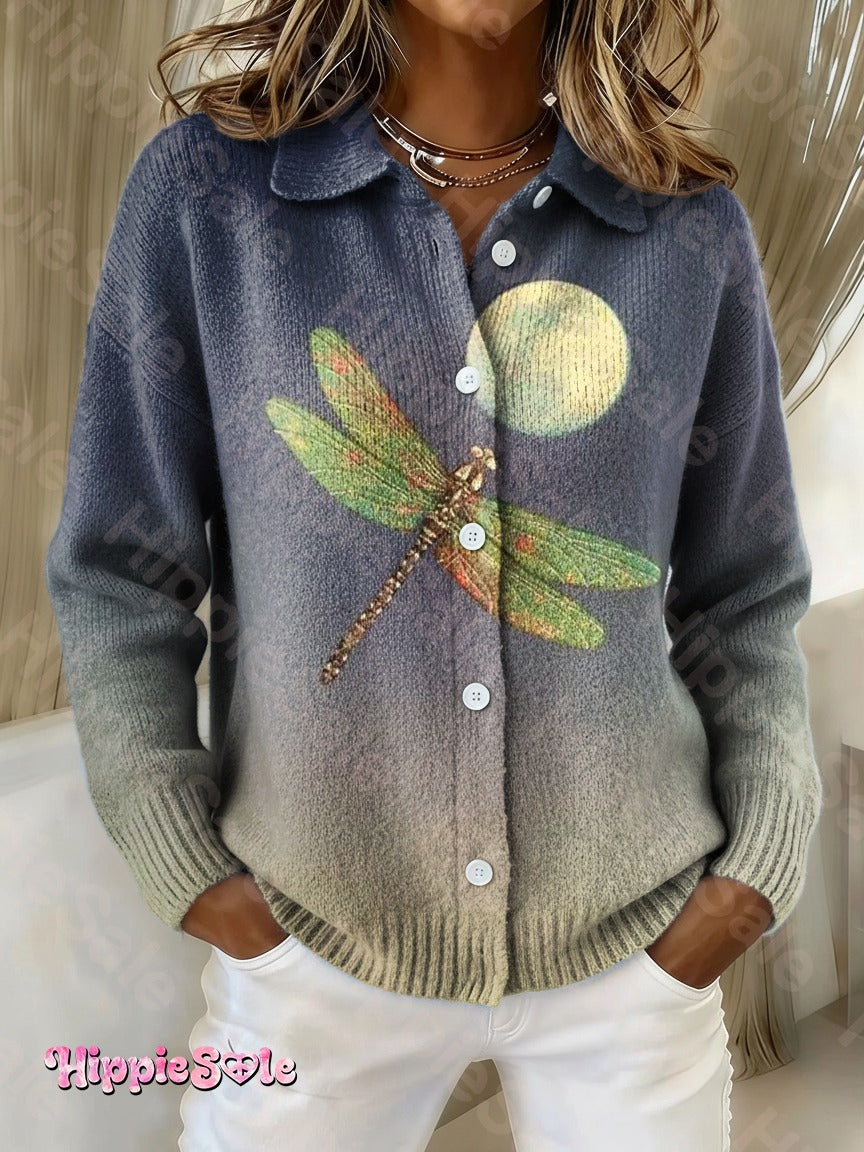 Women's Vintage Dragonfly Moon Art Print Casual Long Sleeve T-shirt