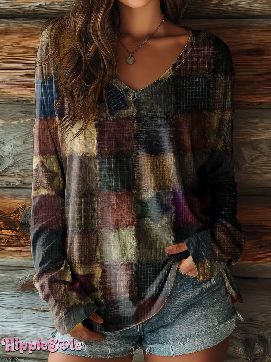 Women's Vintage Patch Art Print Casual V-neck Long Sleeve T-shirt