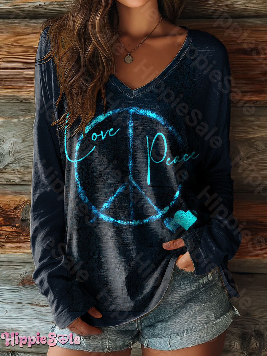 Women's Love Peace Hippie Sign Print Casual V-neck Long Sleeve T-shirt