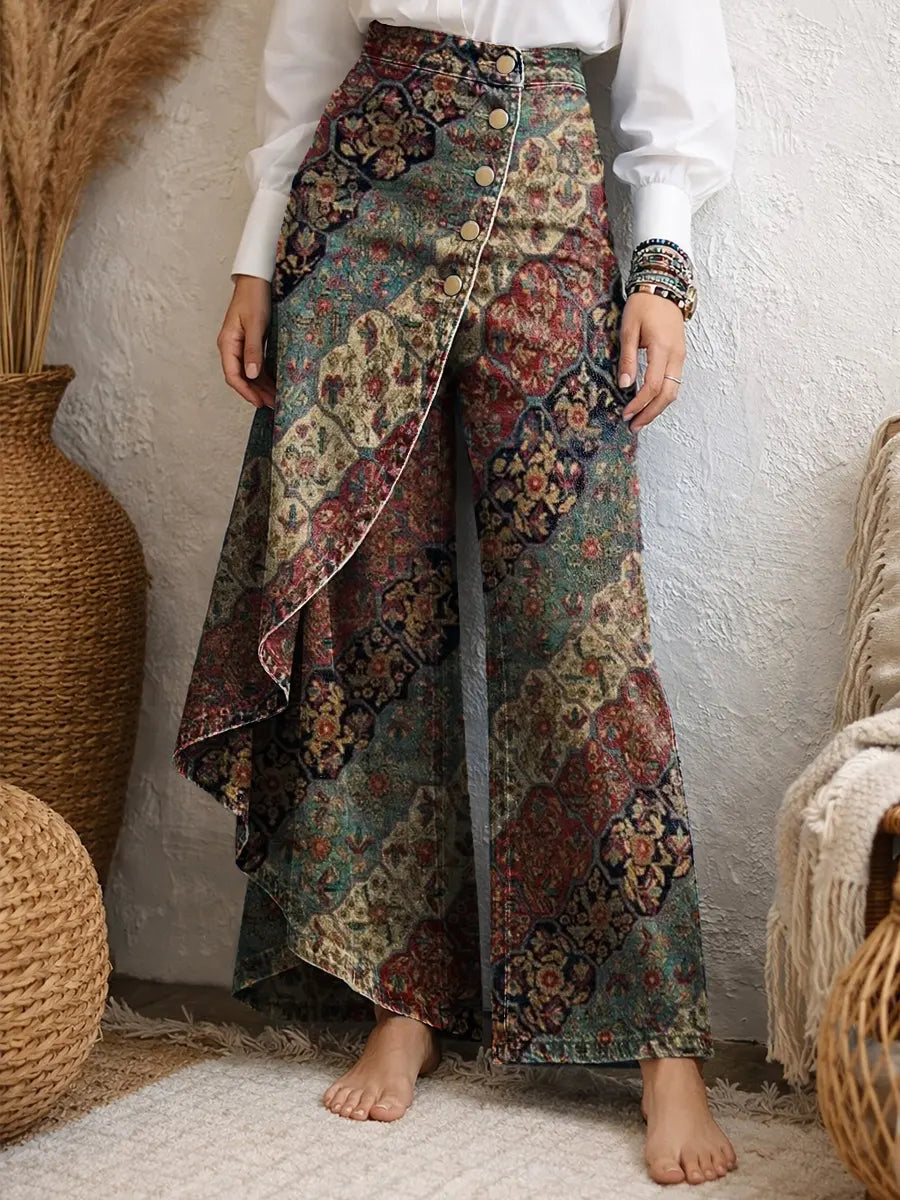 Ethnicity Flowers Geometry Women's Art Print Casual Washed Denim Cotton Pants