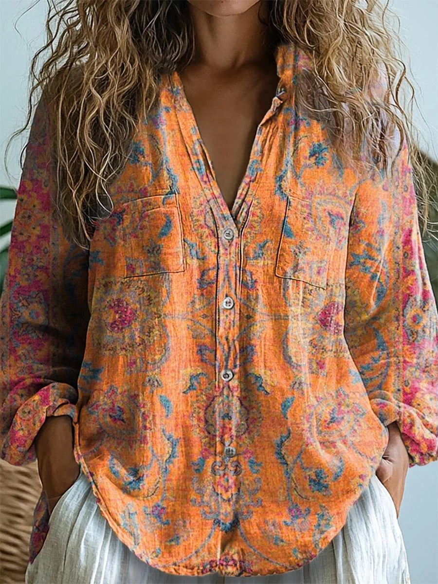 Women's Retro Ethnic Totem Printed Flowy Cotton Crew Neck Dress