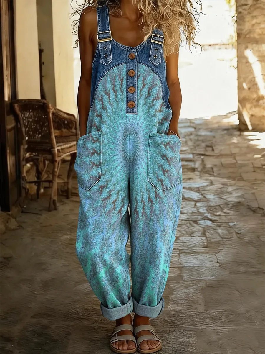Women's Kaleidoscope Art Pattern Print Patchwork Denim Overalls