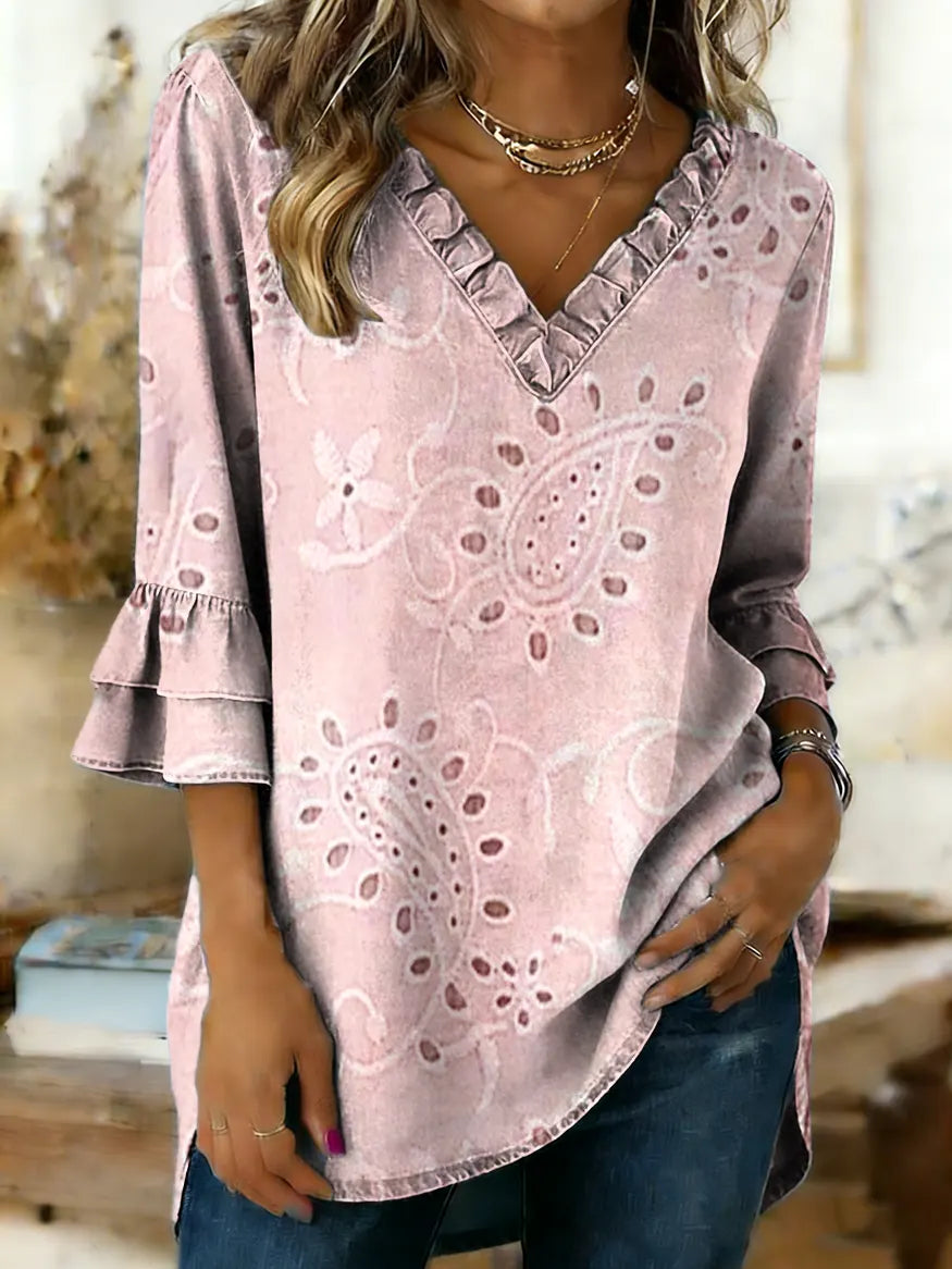 Women's Floral Art Print Ruffled V-Neck Denim Cotton Top
