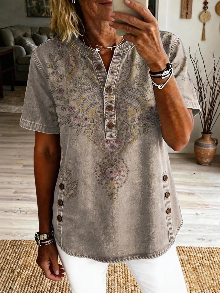 Women's Retro Bohemian-Style Ethnic Floral Art Print Casual Short-Sleeve Shirt
