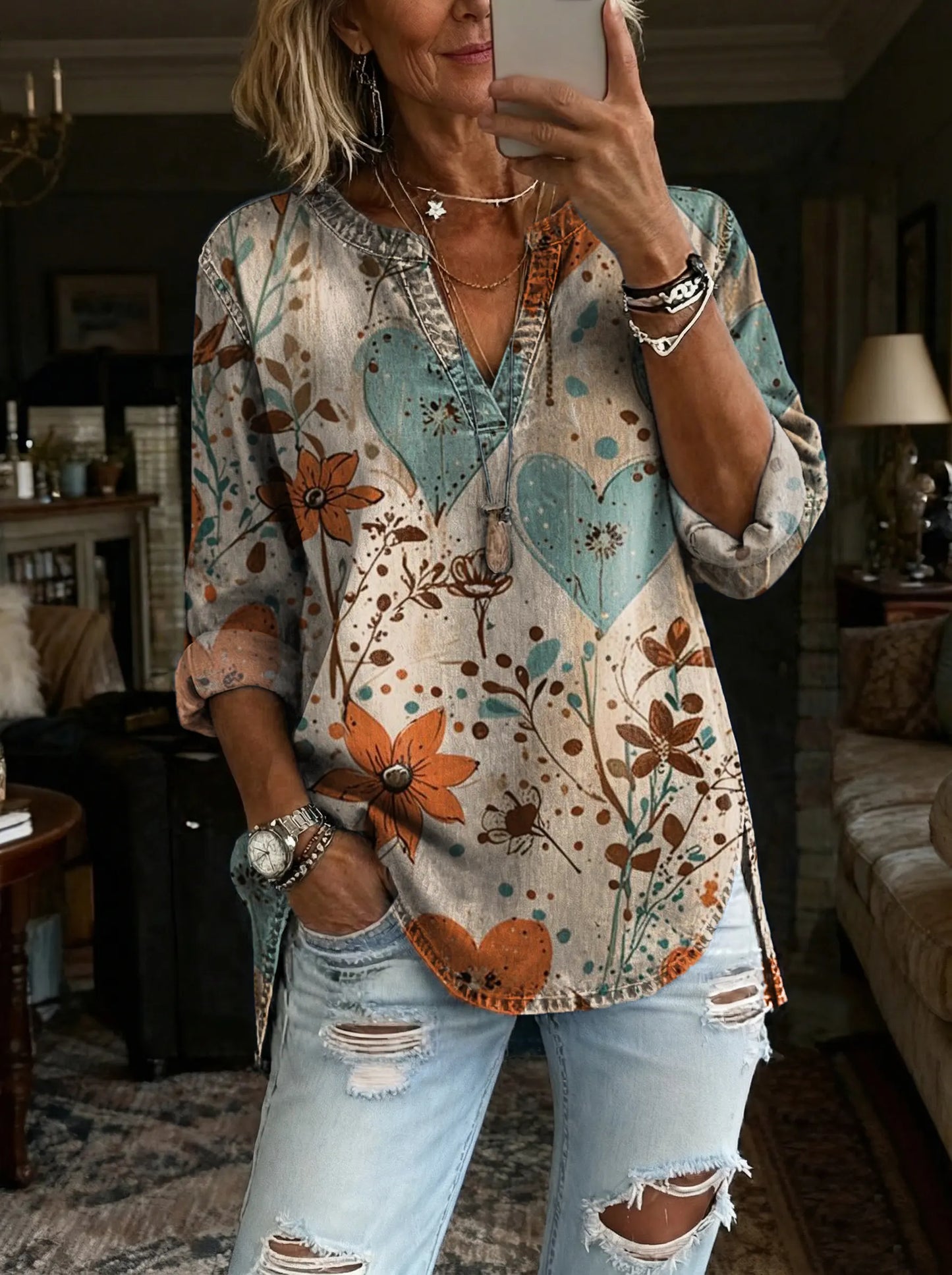 Women's Heart Floral Art Print Casual V-Neck Washed Cotton Denim Top