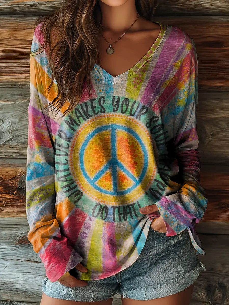Women's Retro Colorful Hippie Art Print Casual V-neck Long-sleeve T-shirt