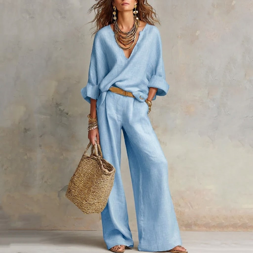 Zelora - Lightweight V-Neck Top & Wide-Leg Pants Set